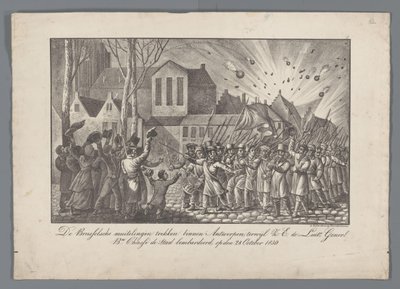 Bruselští vzbouřenci se stěhují do Antverp, zatímco Z.E. de Luit Generl. mld. Kč Chassé bombardoval město 28. října 1830 (název na objektu) od Anonymous