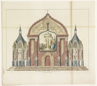 Zkáza staré ústavy, výzdoba na trhu s máslem, 1795 Zničená stará ústava, Na trhu s máslem Patnáct vyznamenání na Alliantiefeest v Amsterdamu v roce 1795 (název série) od Anonymous