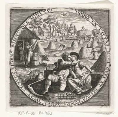 De maand juni, hooimaken, ca. 1600 De twaalf maanden van het jaar verbeeld in scènes uit het volksleven (název série) Schémata 12 měsíců s jejich operacemi a jejich aplikací na znamení zvěrokruhu, rozdělená do čtyř částí roku (název série na objektu) od Anonymous