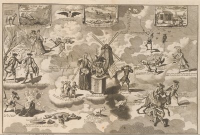 Poražený akcionista ve zvonícím křesle, 1720 Poražený akcionista v křesle s Rinkelsem, přemluvený trojským koněm Lauwerd (název na předmětu) The Great Scene of Folly (název série) od Anonymous