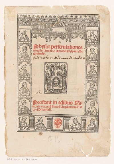 Dekorativní rám s patnácti učenci Titulní strana pro: Luis Coronel, Physice perscrutationes, 1511 od Anonymous