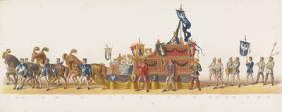 Delftský průvod 1873 (osmá deska) Kostýmovaný průvod pořádaný členy delftského studentského sboru dne 8. července 1873, zobrazující vjezd Karla van Egmonda, vévody z Gelre, hraběte ze Zutphenu, do Arnhemu v roce 1492 (série od Anonymous