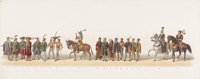 Delftský průvod z roku 1873 (šestý talíř) Kostýmovaný průvod pořádaný členy delftského studentského sboru dne 8. července 1873, zobrazující vjezd Karla van Egmonda, vévody z Gelre, hraběte ze Zutphenu, do Arnhemu v roce 1492 (série ti od Anonymous