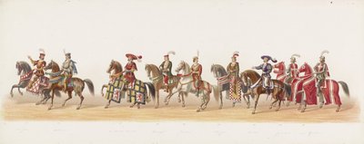 Delftský průvod 1873 (sedmá deska) Kostýmovaný průvod pořádaný členy delftského studentského sboru dne 8. července 1873, zobrazující vjezd Karla van Egmonda, vévody z Gelre, hraběte ze Zutphenu, do Arnhemu v roce 1492 (série od Anonymous