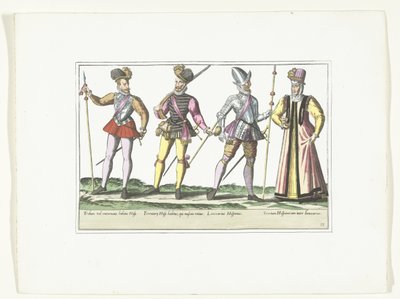 Tři španělští vojáci v uniformě a obchodník, kolem roku 1580 Kostýmy vojenské Espagnoly (název na předmětu) od Anonymous