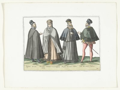 Tři muži a jedna žena v cizí módě, asi 1580 Modes étrangères (název na objektu) od Anonymous
