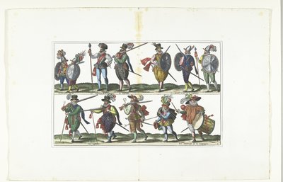 Dvojitý štítek s dvanácti ozbrojenými civilisty v uniformách podle módy v Antverpách, asi 1580 Bourgeois d