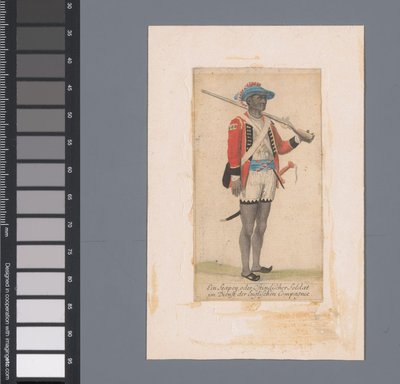 Černý voják ve službách britské Východoindické společnosti Ein Seapoy, nebo Ostindischer Soldat im Dienst der Englischen Compagnie (název na objektu) od Anonymous