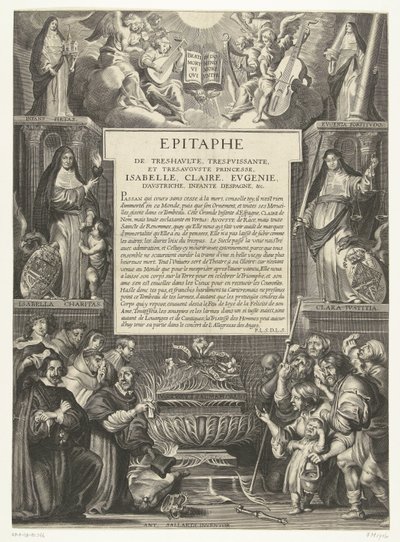 Epitaaf voor Isabella Clara Eugenia, 1633 Epitaf Nejvyšší, Nejmocnější a Nejsrpnové princezny, Isabelly, Claire, Eugenie, Rakouské, Infanta Španělska atd. (název na objektu) od Anonymous