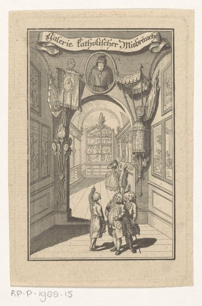 Postavy v galerii se setkaly s portrétem v liturgických předmětech Galerie katolických týrání (název na objektu) Titulní strana: Joseph Richter, Obrazová galerie katolických týrání, 1784 od Anonymous