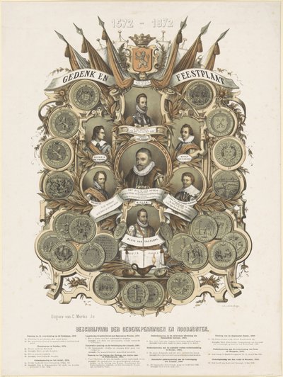 Pamětní a slavnostní deska s portréty Viléma I., prince Oranžského, jeho synů Mauritse a Frederika Hendrika, princů Oranžských, jeho bratrů Lodewijka, Adolfa a Hendrika, hrabat z Nassau a Willema Bloyse van Treslonga od Anonymous