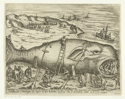 Stranded Walvis poblíž Berckhey, 1598 Warhafttigh And Wonderful Monster nebo Pottfisch v podobě velryby, z níž se Möer 4. února, Anno 1598 uchýlil mezi Catwyck a Schevelingen jako Wyter ve vztahu ercleret (sýkora od Anonymous