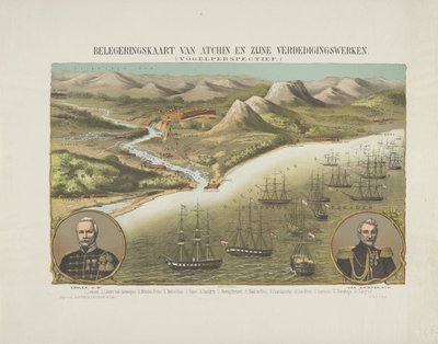Pohled na Aceh během druhé expedice Aceh, 1873-1874 Mapa obléhání Atchina a jeho obrany. (Pohled z ptačí perspektivy.) (nadpis na předmětu) od Anonymous