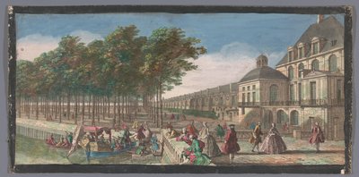 Gezicht op de Cour de la Fontaine van het Palace of Fontainebleau Pohled na křídlo zámku Fontainebleau, převzato z Cour des Fontaines v Paříži (název na objektu) od Anonymous