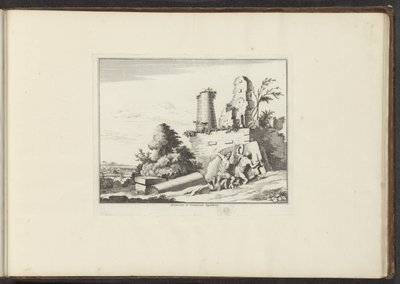 Pohled na ruiny hrobky Horatii a Curatii v Římě Horatiorum et Curatiorum Sepulchrum (název na objektu) Paláce a památky v Benátkách, Livornu, Neapoli a Římě (název série) od Anonymous