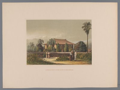 Pohled na dům lékaře z Dešimy s botanickou zahradou v popředí La demeure du médecin à Desima au fond du jardin botanique (název na objektu) Souvenir du Japon vues d