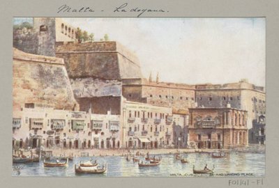 Pohled na pobřeží Malty s molem a celní budovou Malta. Vlastní dům a místo přistání (název na objektu) od Anonymous