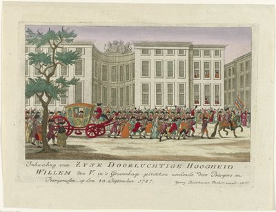 Předjetí prince z Orange, 1787 Předjíždění Zyne Serene Výsosti Willema den V. kresleného v Haagu Burgers a Burgeressen, 20. září 1787 (název na objektu) Barevné německé tisky o událostech z od Anonymous