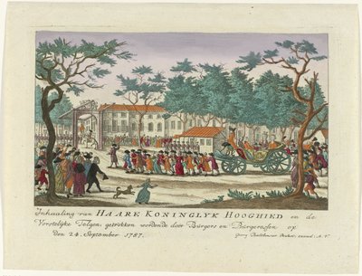 Předjetí princezny z Orange a dětí, 1787 Předjetí Haare Koninglyk Hooghied a Royal Scions, nakreslený Burgersem a Burgeressenem 24. září 1787 (název na objektu) Barevné německé tisky o akci od Anonymous