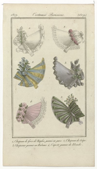 Journal des Dames et des Modes, Costumes Parisiens, 15. dubna 1819, (1809): 1, Gros de Neapol Hat (...) od Anonymous