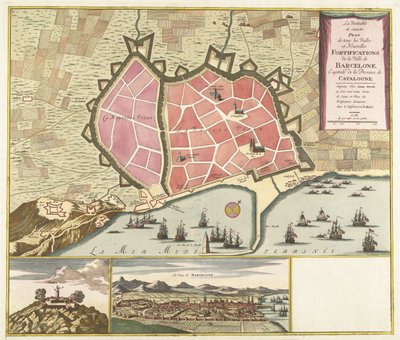 Kaart van Barcelona, ​​cca. 1706 Skutečný a přesný plán všech starých a nových opevnění města Barcelona, ​​​​hlavního města provincie Katalánsko (název na objektu) od Anonymous