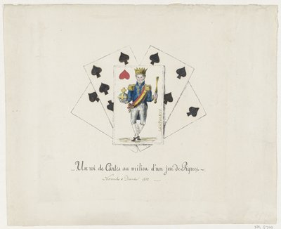 Koning Leopold I als de hartenkoning, 1831-1832 Karetní král uprostřed pikového balíčku (titul na předmětu) od Anonymous