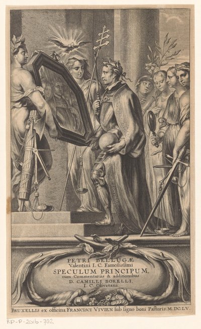 Spravedlnost a víra zvedají Kingovi zrcadlo Titulní strana pro: Petrus Belluga a Camillo Borello, Speculum principum, 1655 od Anonymous