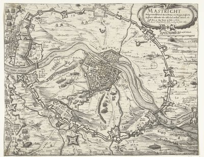 Maastricht obsazený Frederikem Hendrikem, 1632 Maestricht oblehl Friderich Henrich Printzen von Orangien (...) 9. června roku 1632. Převzato s Accortem 12. srpna roku 1632 (název na předmětu) od Anonymous