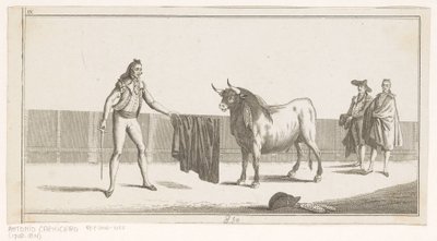 Matador vyzývá býka Coleccion de las principales suertes de una corrida de toros (název série na objektu) Sbírka nejdůležitějších býčích manévrů (název série) od Anonymous