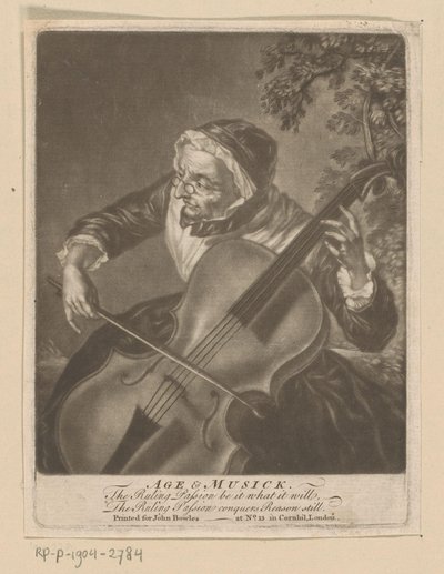 Stará žena hrající na violoncello Age & Musick (název na objektu) od Anonymous