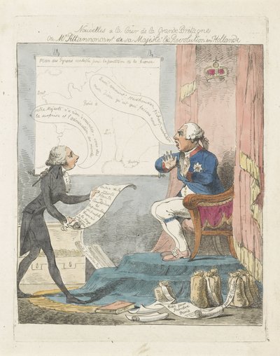 Pitt brengt George III byl nový over de revolutie v Nizozemsku, 1795 Zprávy u soudu Velké Británie nebo pan Pitt oznamující Jeho Veličenstvu revoluci v Holandsku (název na předmět) od Anonymous