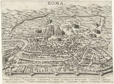 Mapa Říma zobrazující základy Ignáce z Loyoly Vita beati patris Ignatii Loyolae (název série) Scény ze života Ignáce z Loyoly (název série) od Anonymous
