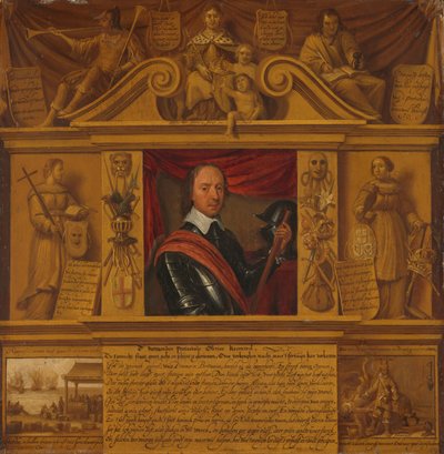 Portrét Olivera Cromwella, v rámu s alegorickými postavami a historickými reprezentacemi od Anonymous