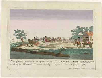 Princezna Oranžská se konala v Goejanverwellesluis, 1787 Velké napadení a zastavení Haare Koninglyk Hooghied na silnici poblíž Haastrechtu Spoustou Vrij-Corporisten. 28. června 1787 (název na objektu) Barevné německé tisky o d od Anonymous