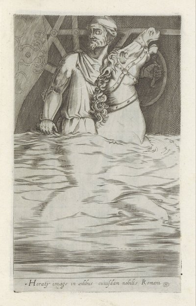 Reliëf van Horatius Cocles te paard die de Pont Sublicus in het water veridrt Horatyho obraz v domě římského šlechtice (titul na předmětu) Starožitné sochy v Římě (název série) Ze starověkých soch města Říma, které jsou k vidění na veřejných místech, tj od Anonymous