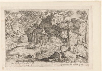 Rotsachtig landschap met dak op palen en rechts leeuw Daleko od světa, ukrytý pod doškovou střechou, Landschappen naar Domenico Campagnola (název série) od Anonymous