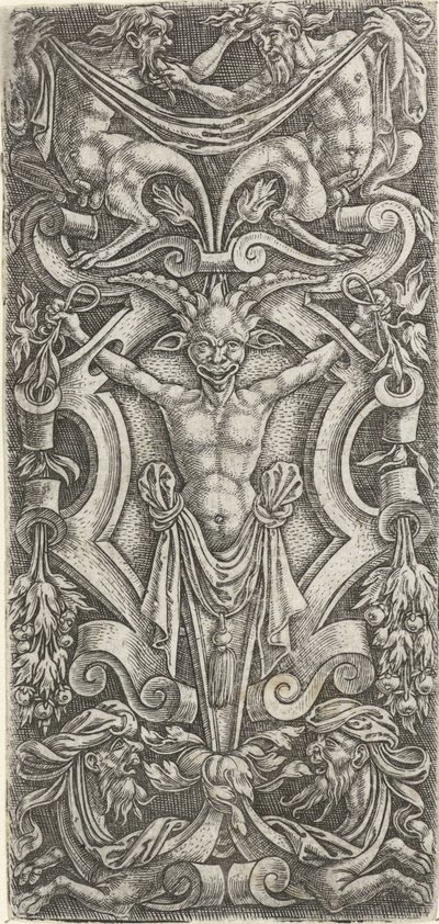 Štít svitkového díla, za kterým stojí herm Povrchové dekorace s groteskami v rolování (název série) od Anonymous