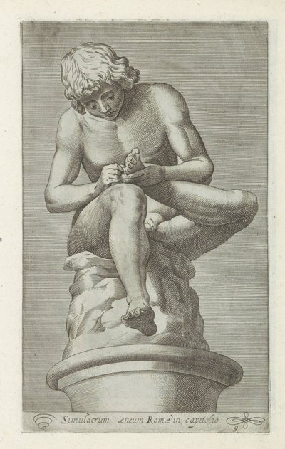 Sculptuur van een jongen se setkal s een doorn in de voet Mícha Bronzové simulakrum Říma v hlavním městě (název na předmětu) Starožitné sochy v Římě (název série) Ikony starověkých soch města Říma, které jsou vidět na veřejných místech (název série) od Anonymous