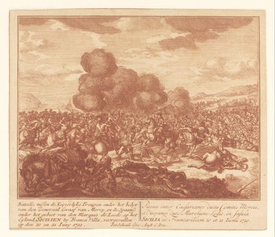 Bitva mezi císařskými vojsky a Španěly na Sicílii, červen 1719 Bataille mezi Keyserlijke Troupen pod kontrolou generála Graafa van Mercyho a Španělskem pod kontrolou markýze de Leede (...) (název na předmět) od Anonymous