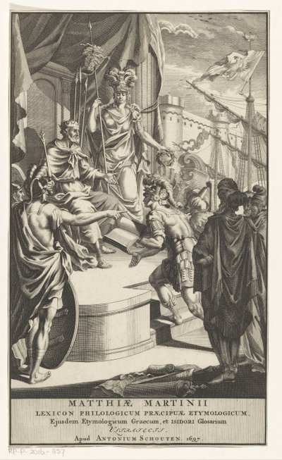 Voják představuje knihu králi Titulní strana pro: Matthias Martinius, Lexicon philologicum praecipuae etymologicum, 1697 od Anonymous
