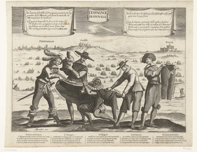 Karikatura Španělů po ztrátě Bredy, Thionville, Perpignanu, Portugalska a Katalánska, 1643 L
