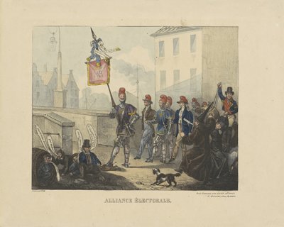Karikatura spojenectví mezi římskou duchovní stranou a liberální stranou proti nizozemské vládě, 1828 Aliance Electoral (titul na předmětu) od Anonymous