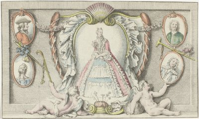 Stojící žena, dva putti a čtyři medailony Móda 1730 Mercure de France (název série) od Anonymous