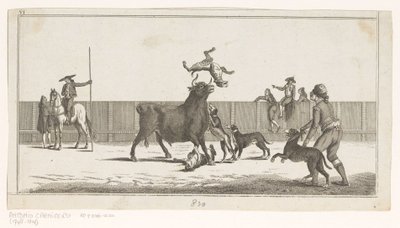 Býk napadený psy Coleccion de las principales suertes de una corrida de toros (název série na objektu) Sbírka nejdůležitějších býčích manévrů (název série) od Anonymous