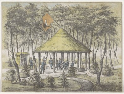 Chrám a zahrada v Boekel, 1831 Pohled na chrám a zahradu v Boekel. Postaveno a postaveno milicemi města Groningen. Jako uznání za přátelské přivítání dne 23. června 1831 členům Společnosti jako memento od Anonymous