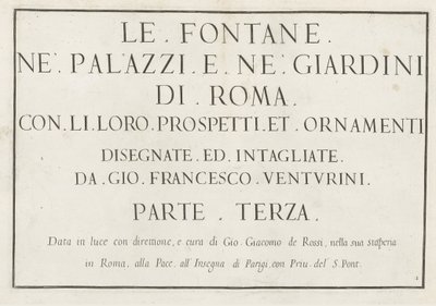 Titulní tisk s orámovaným názvem Le fontane ne palazzi e ne giardini di Roma (název série) Fontány v palácích a zahradách Říma (název série) od Anonymous