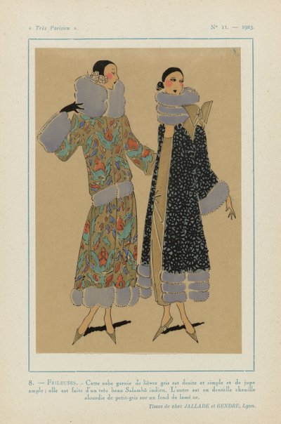 Velmi pařížský, 1923, č. 11: 8. - FRILEUSES. - Tyto šaty zdobené šedým zajícem... od Anonymous
