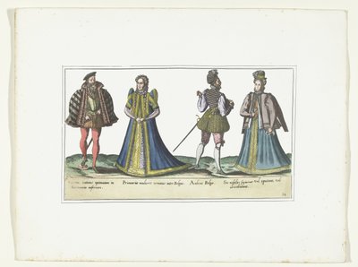 Dvě ženy a dva muži oblečení podle módy v Severním Porýní-Vestfálsku a Flandrech, asi 1580 Kostýmy Bas-Allemands et Flamands (název na objektu) od Anonymous