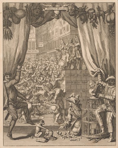 Vysvětlení desky Harlekýn Actionist, 1720 Arlequyn Actionist (název na objektu) Vysvětlení Tytelplaat, pro Arlequyn Actionist (název na objektu) The Great Scene of Folly (název série) od Anonymous