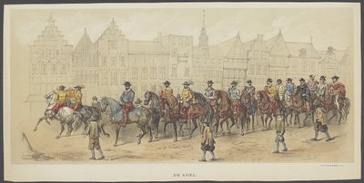 Utrechtská maškaráda, deska a: šlechta, 1856 Šlechta. (název na objektu) The Founders of Dutch Freedom, (doba Viléma I.) v podání H.H. členové utrechtského studentského sboru na oslavu 220. výročí Utrechtsche Hooge od Anonymous